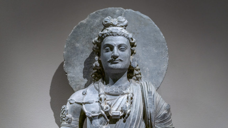 Standing Bodhisattva Maitreya (Buddha of the Future), 3rd century C.E., Pakistan (ancient region of Gandhara), gray schist, 163.2 x 53.3 cm (The Metropolitan Museum of Art, New York)