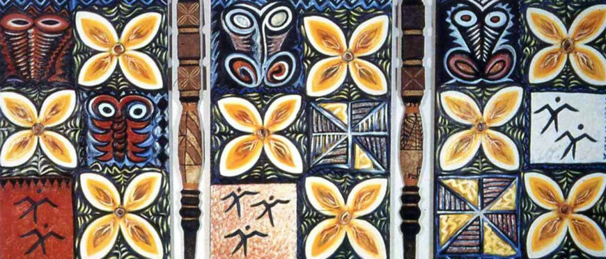 Fatu Feuʻu, Faʻaola Mo Taeao Conserve for Tomorrow, 1990, oil on canvas, wood, barkcloth, pigment, and ceramic (Feuʻu Marsh Trust collection) © Fatu Feuʻu