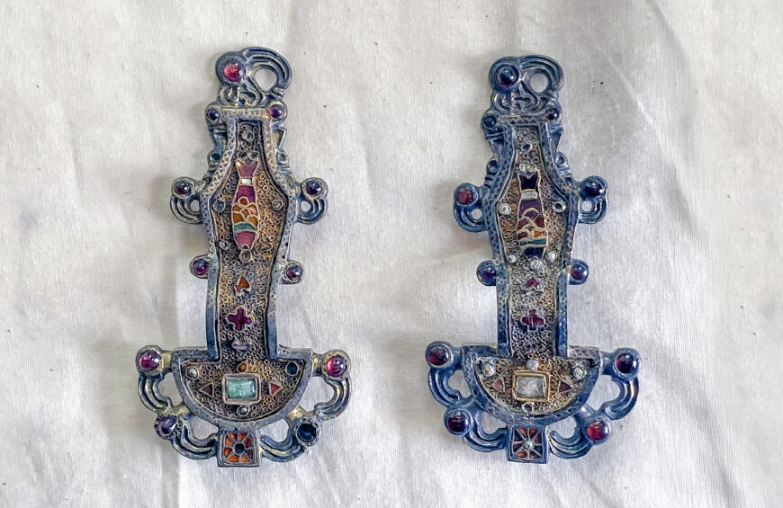 Merovingian Looped Fibulae, 6th century, silver, gold, glass, stone, and garnet? (National Archaeological Museum, Saint-Germain-en-Laye)