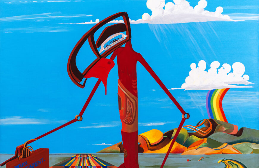 Lawrence Paul Yuxweluptun, Leaving My Reservation to Go to Ottawa and Fight for a New Constitution, 1985, acrylic on canvas, 246.4 x 169.55 cm (Art Bridges Foundation) © Lawrence Paul Yuxweluptun